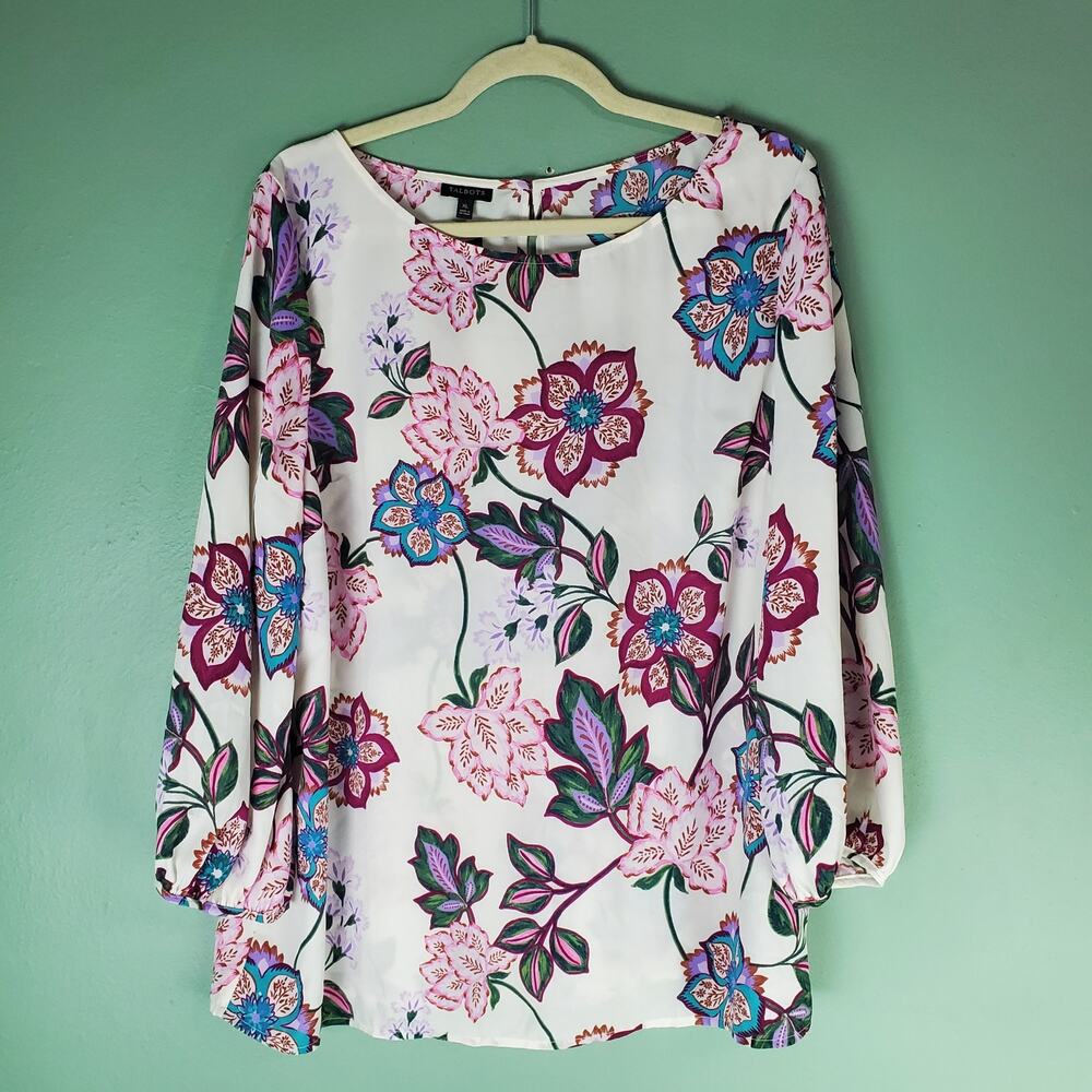 Talbots Womens Colorful Poet Sleeve Top Blouse Floral Boho Cottage Size XL